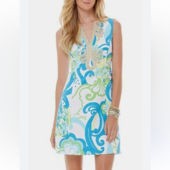 Lilly Pulitzer Janice Resort White Crystal Cost Shift Gold Dress Size 4 - Picture 1 of 11